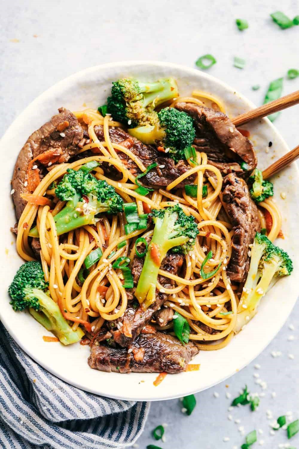 Beef and Lo Mein in white bowl